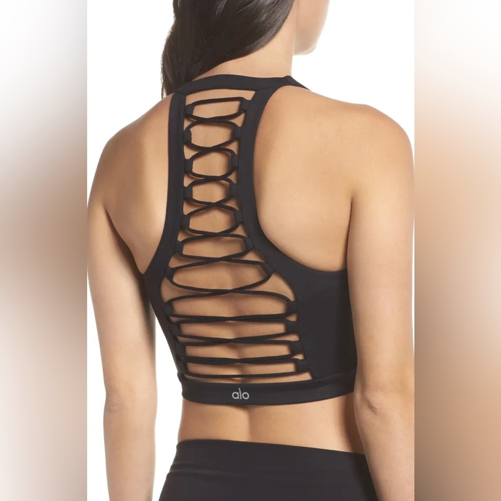 ALO Yoga Black Lace-Up Back Sports Bra Crop Top
